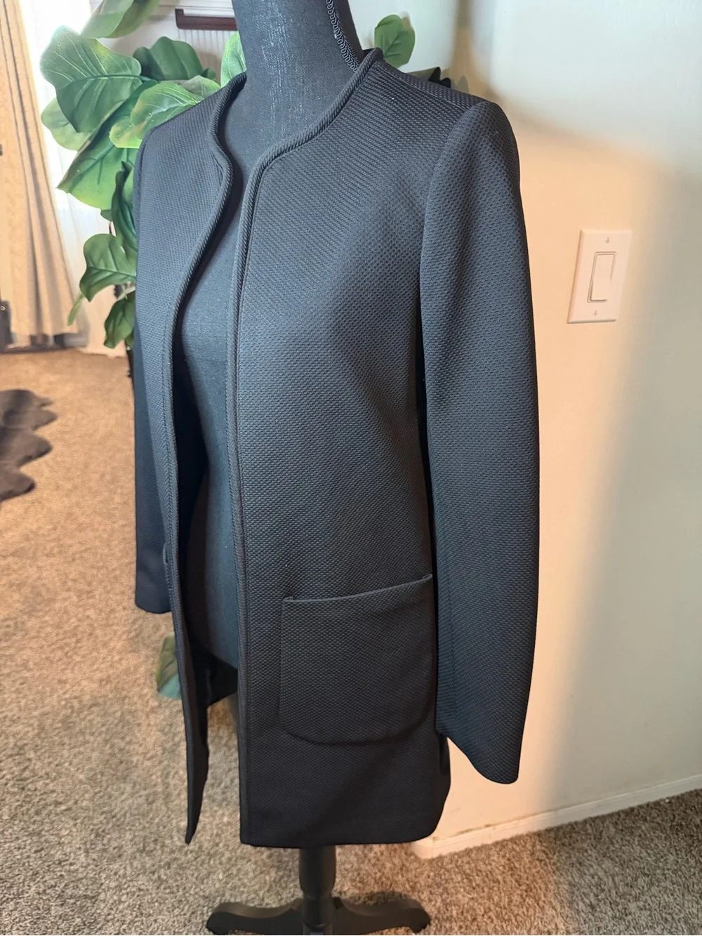 Black Open-Front Long Collarless Coat - Women